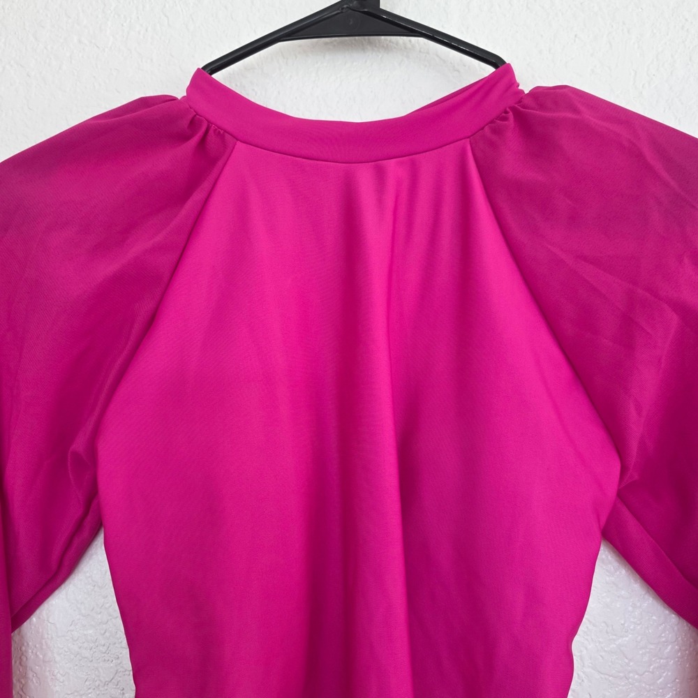 Hot Pink Long Sleeve Open Back One Piece Swimsuit High Cut Size Small
